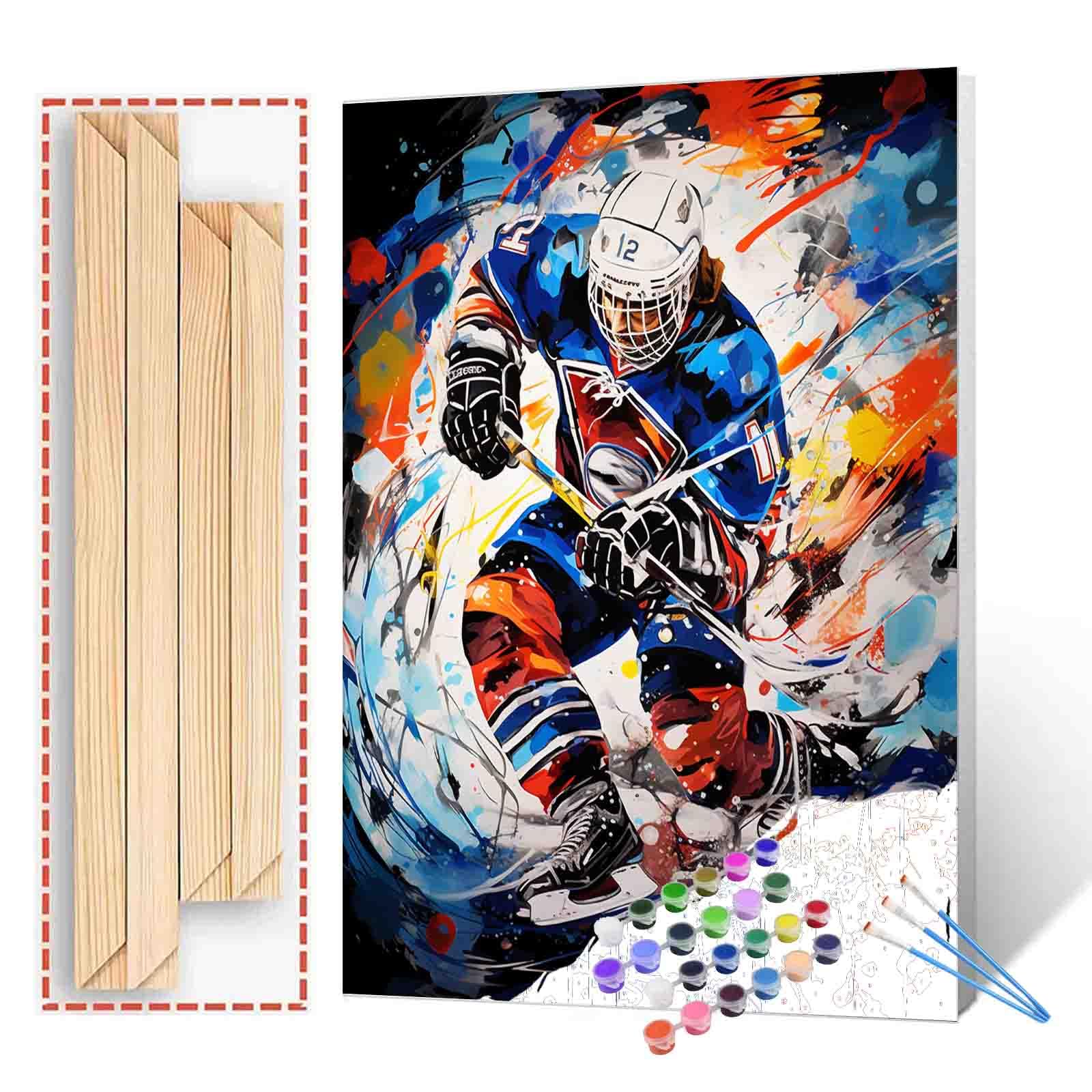 Ice Hockey Players Paint By Numbers for Adults Beginner Graffitic Sportman DIY Paintwork Acrylic Canvas Girls Bedroom Decor Extreme Sports Athletes Painting Kits Craft 16x20 Inch Gift（DIY Frame ）