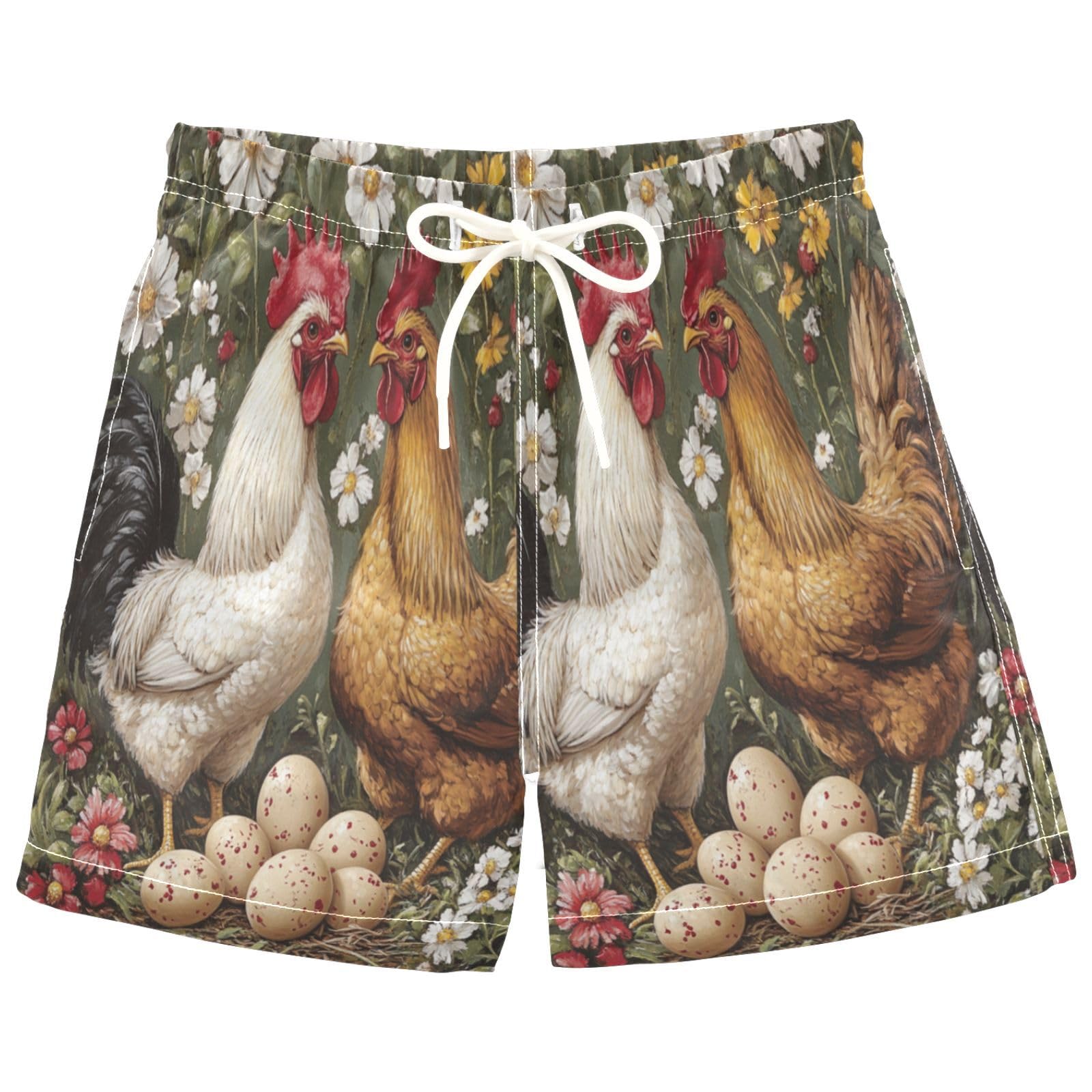 Pigsaly Boys Swim Trunks Vintage Spring Red Daisy Flowers Chicken Hen Rooster Toddler Beach Board Shorts Bathing Suit XS