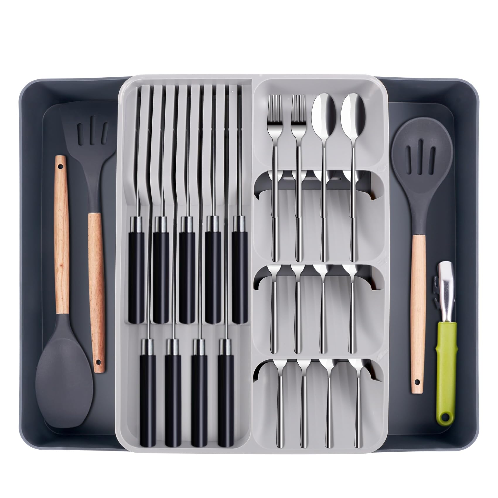 Dovhmoh Grey Expandable Cutlery Drawer Organiser Expandable Utensil Tray Adjustable Tray Adjustable Silverware And Flatware Holder For Utensils Compact Drawer Divider For Spoons Forks Knives