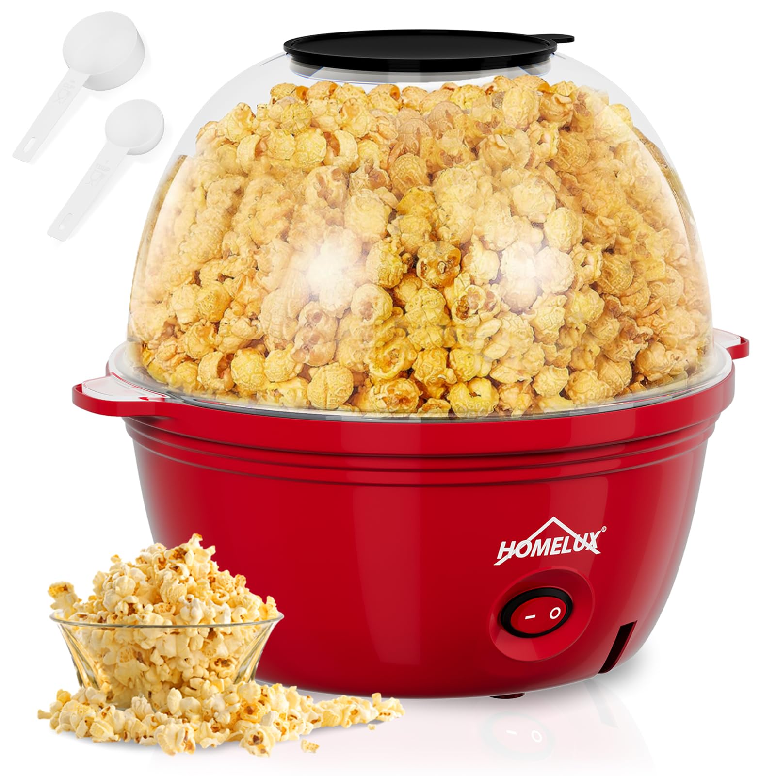 HOMELUX Mini macchina per popcorn da 450 W, rivestimento antiaderente con cucchiaio dosatore | Coperchio come ciotola da portata, silenziosa e veloce, macchina per popcorn per casa, feste e bambini, rosso