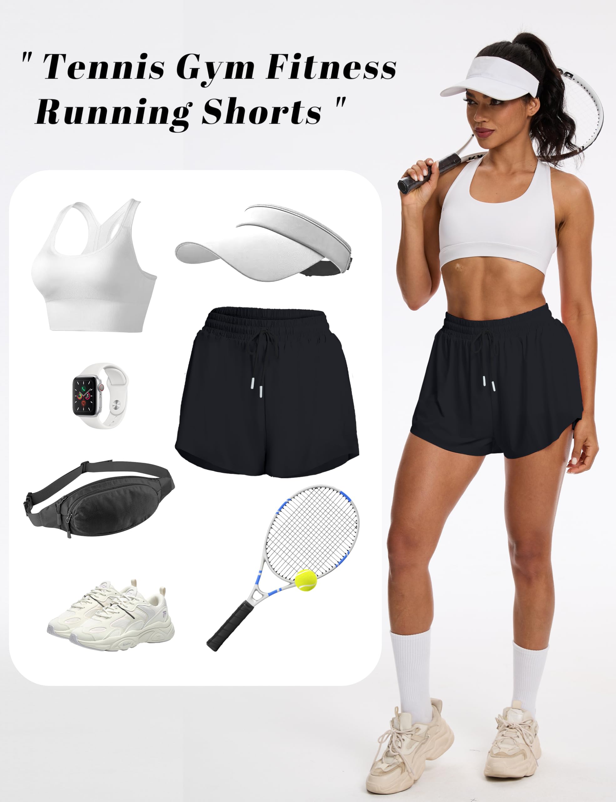 Laufshorts Damen kurz Sportshorts 2 in 1,Tennis Gym Fitness RunningShorts mit 2 Taschen, Damen Schwarze Shorts Workout Sportrock Elastischer Bund, mit Innenfutter