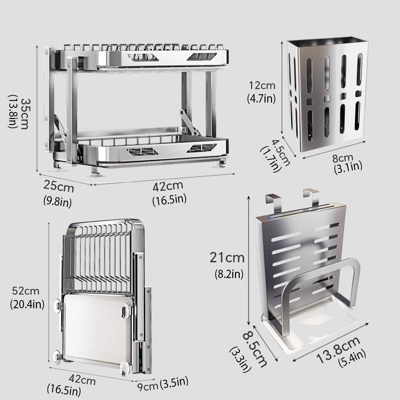 Escurridor de platos de 2 niveles con bandeja de drenaje, organizador de cocina para platos, vasos, cuencos, cubiertos, solución de almacenamiento y organización de pie