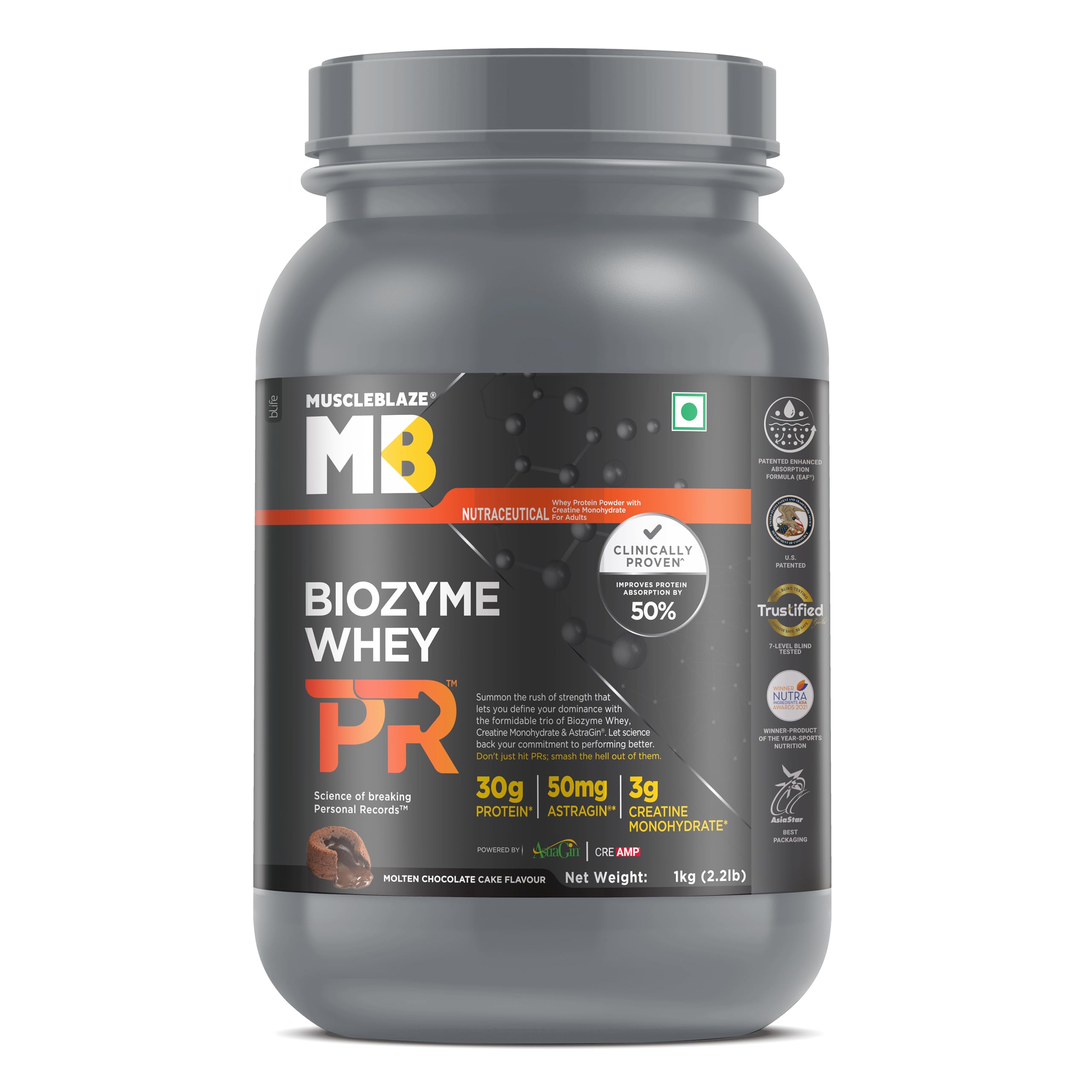 Sponsored Ad - MuscleBlaze Biozyme Whey Protein PR Powder with 30g Protein, 3g Creatine Monohydrate & 50mg AstraGin (Molten Chocolate Cake, 1kg / 2.2lbs) | Trustified Gold Certified