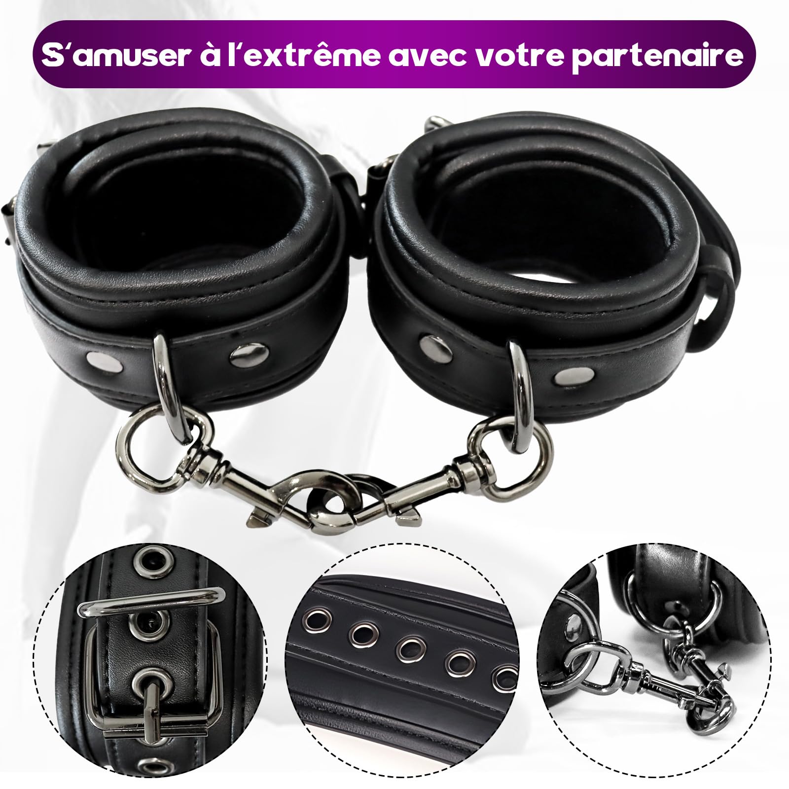 Sex Toýs Couple Femme BDSM Kits de Bondage Menottes Sex Lit,Retenue du Cou au Poignet avec Chaîne Traction, Réglables Menottes Sexy Érotique et Collier Sex Toys pour Adulte Couple Jeu de Rôle Play