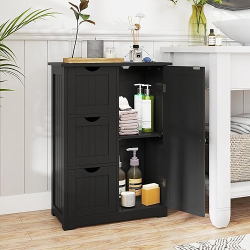 Miniatura 2 de Tangkula Armario de suelo de baño, armario de almacenamiento independiente con 3 cajones y una sola puerta, estante ajustable, almacenamiento de