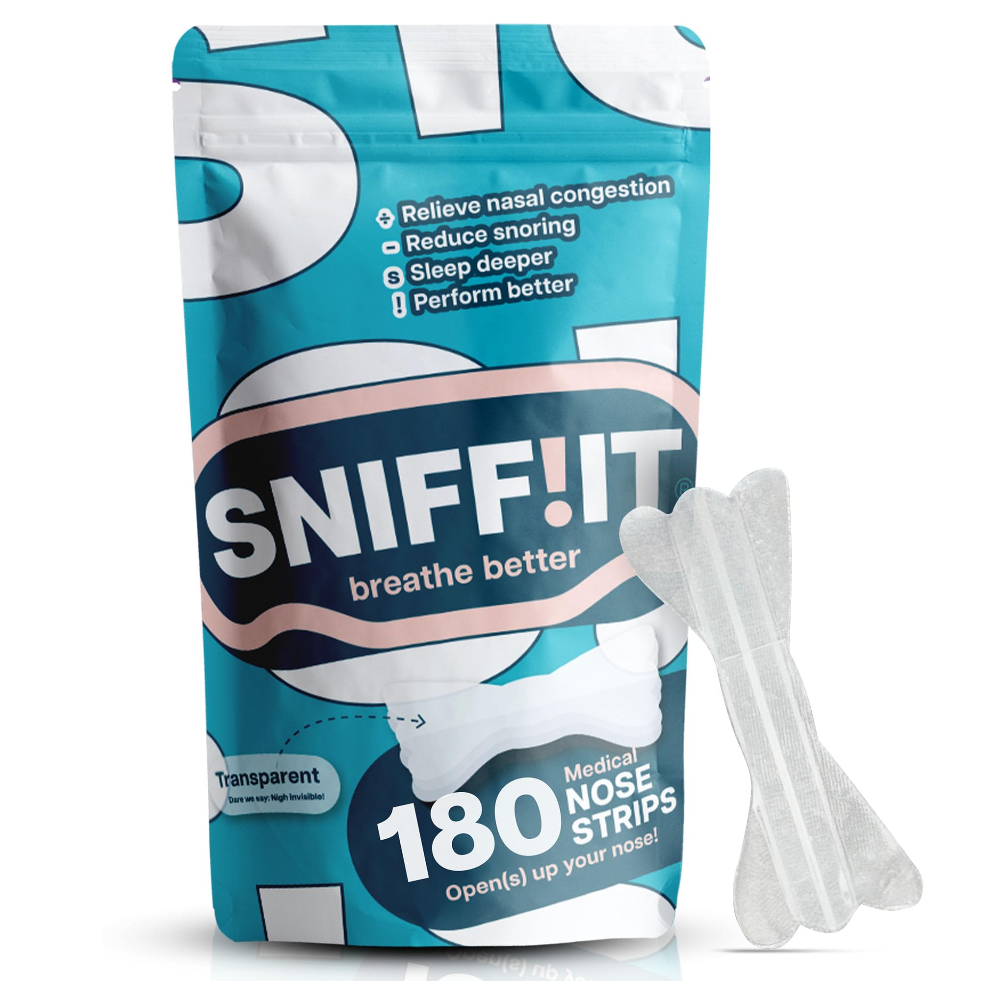 Sniffit Strisce Nasali Trasparenti Anti-Russamento – 180 Pezzi. Migliora la Respirazione nel Sonno & Sport – Cerotti Nasali per Dormire Meglio & Respirare Facilmente.