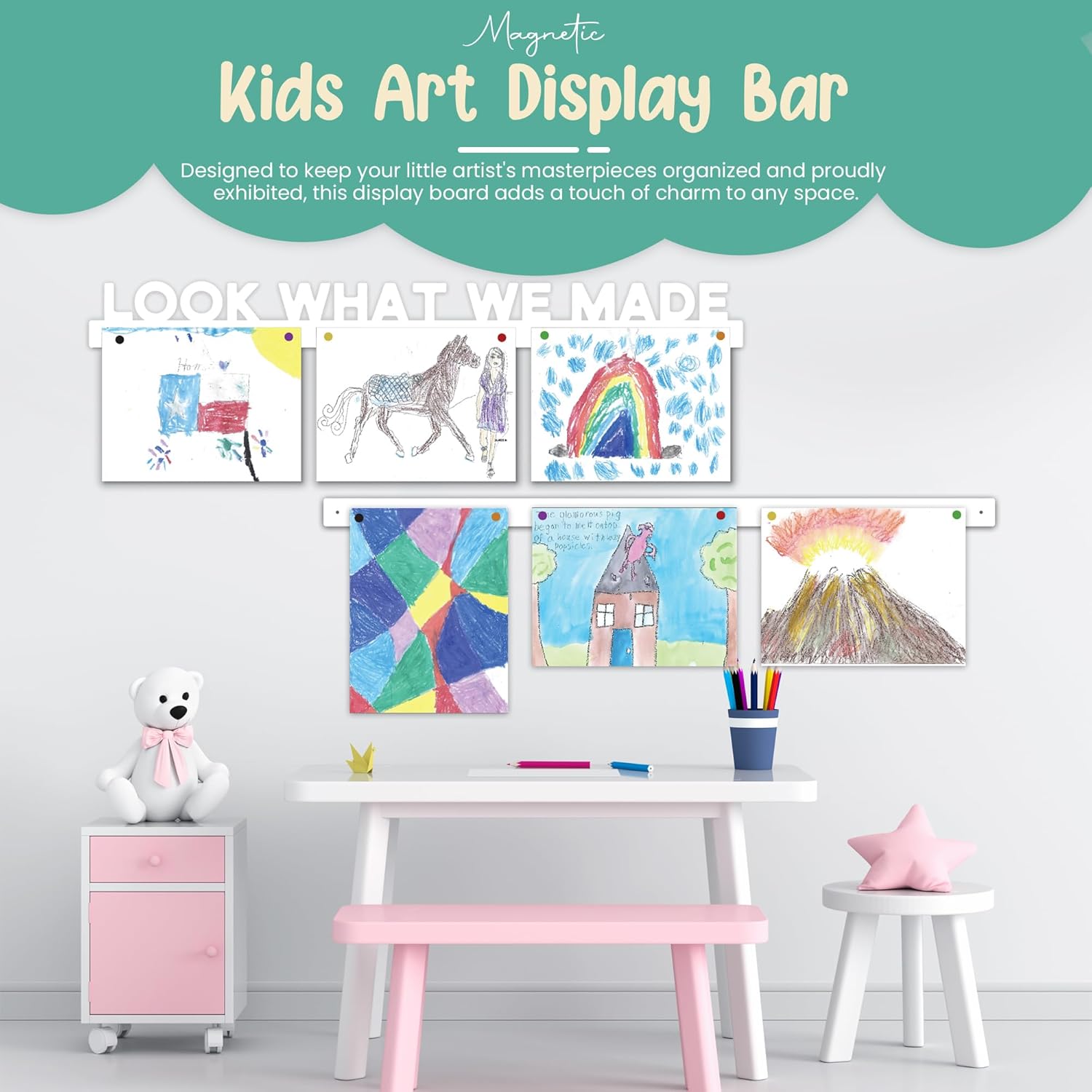Look What We Made Magnetic Art Display for Kids Artwork - Kids Art Display - Artwork Display for Kids Art for Wall - Picture Hanging System - Display Children Artwork - Magnet Bar (36, White)