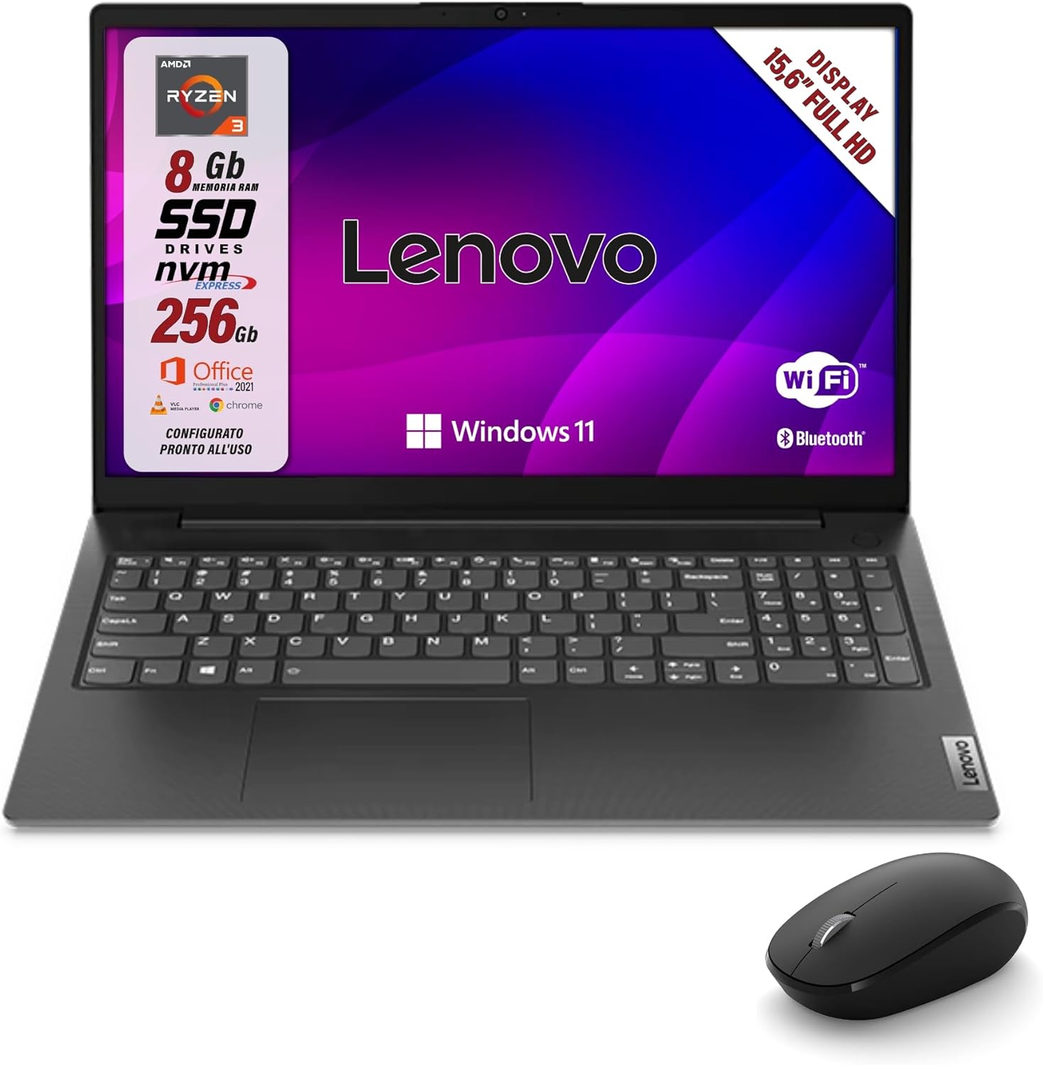 Lenovo, pc portatile notebook, Amd Ryzen 3 7Th, RAM 8Gb, SSD 256Gb, Display 15.6 FHD, Web cam, 3 usb, Wi-fi, hdmi, Win11 Pro, SUite Office Pro, preconfigurato e pronto alluso + mouse wireless Lenovo, pc portatile notebook, Amd Ryzen 3 7Th, RAM 8Gb, SSD 256Gb, Display 15.6 FHD, Web cam, 3 usb, Wi-fi, hdmi, Win11 Pro, SUite Office Pro, preconfigurato e pronto alluso + mouse wireless