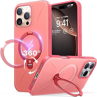 TORRAS 360° Spin Magnetic Stand for iPhone 16 Pro Max Case, Fit for MagSafe, Military Grade Protective Case for iPhone 16 Pro Max Phone Case Ostand with Kickstand Rotatable, Coral Pink Red, 6.9 inch