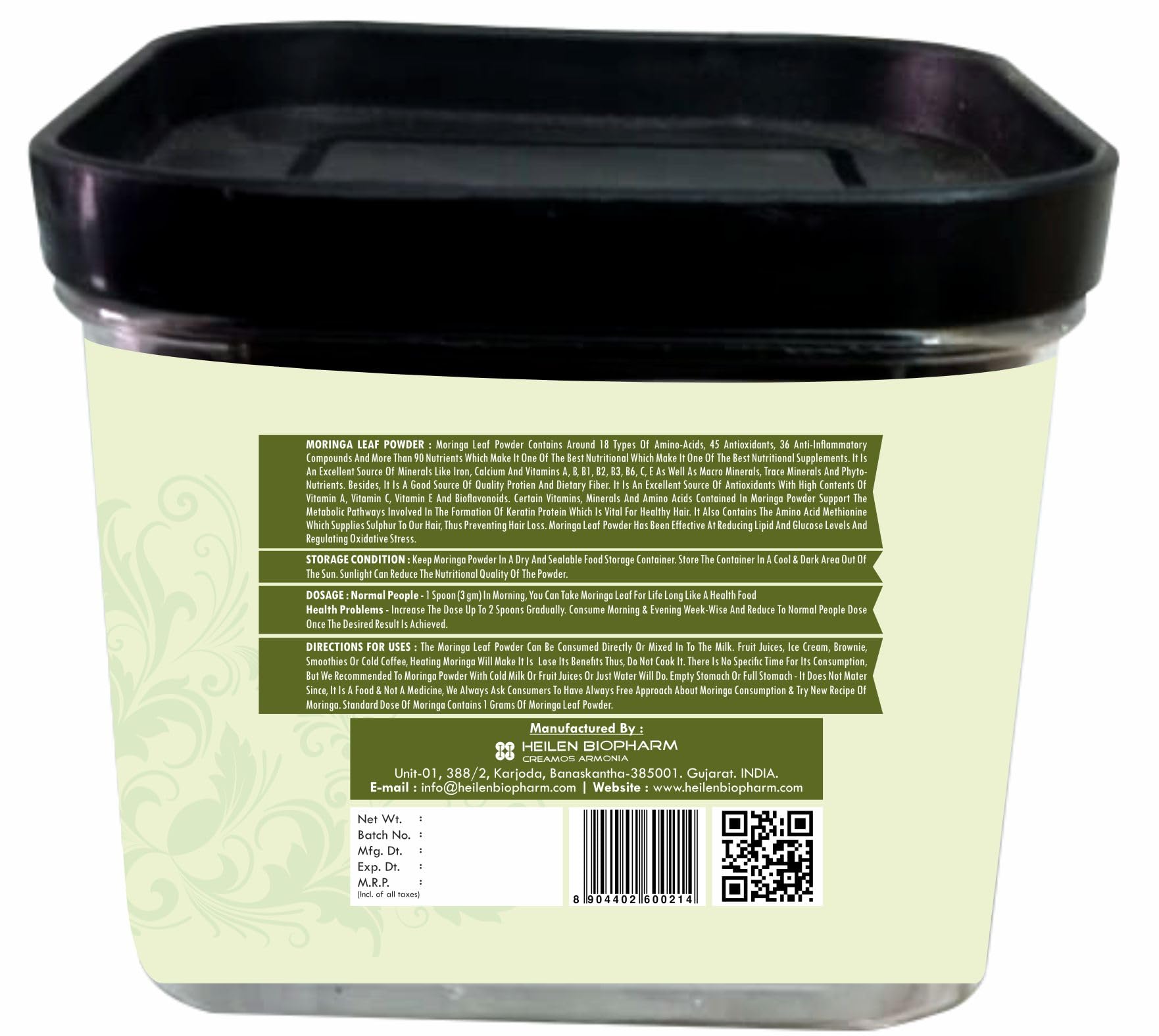 Heilen Biopharm Moringa Leaf Powder | 100g | 100% Pure & Natural | Vegan & Non-GMO | Supports Immunity, Energy & Digestion | Ayurvedic Herbal Superfood – Pack of 1 - Image 3 thumbnail