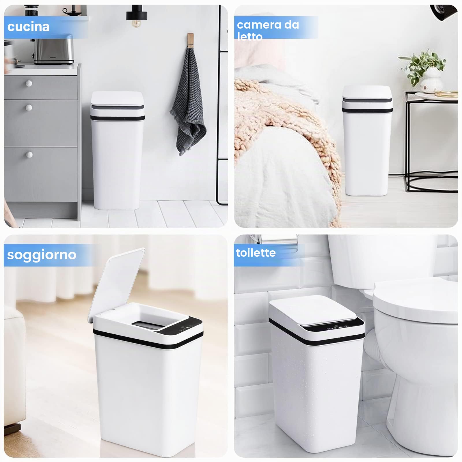 Cestino con Sensore di Movimento 12L Bidone Automatico per Bagno | Slim in Plastica con Coperchio, Cestino Intelligente Impermeabile per Camera Letto Toilette Cucina Ufficio