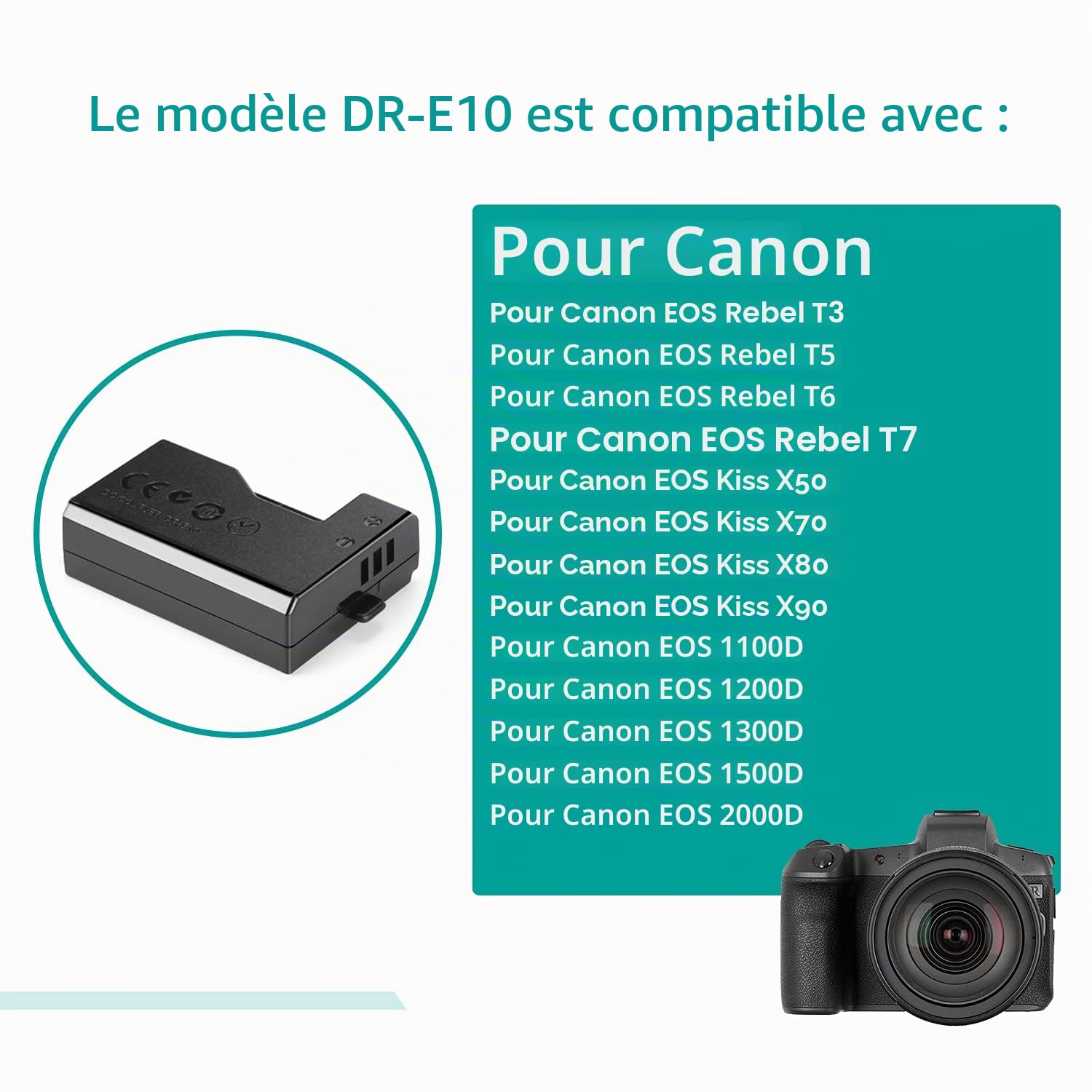 ACK-E10 Adaptateur Secteur DR-E10 Coupleur CC LP-E10 Batterie factice pour appareils Photo Canon EOS Rebel T7 T6 T5 T3, Kiss X50 X70 X80 X90, EOS 1100D 1200D 1300D 1500D 2000D