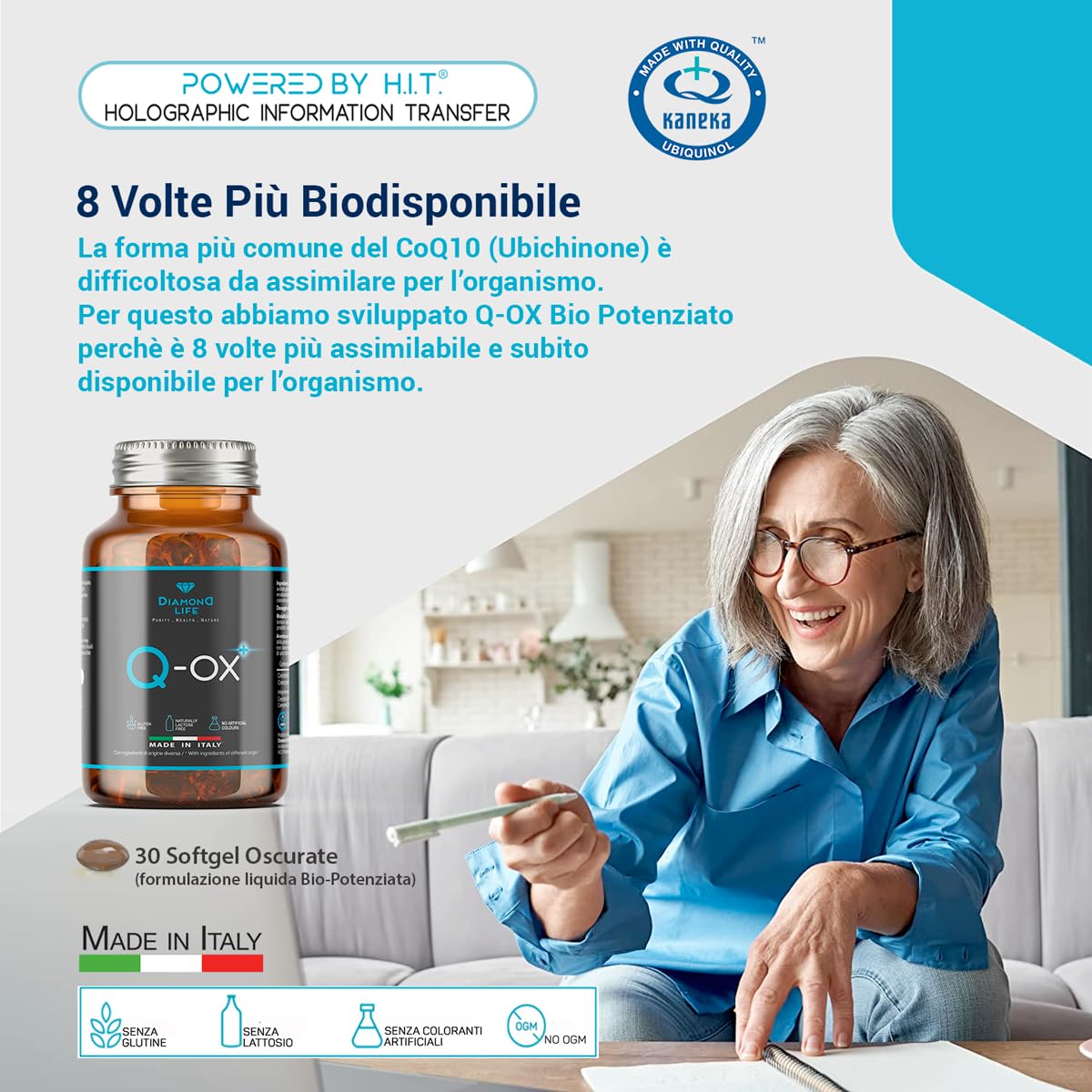 DIAMOND Q-OX - Q10 UBICHINOLO Bio-Potenziato | Nutraceutico a Base di Ubichinolo Kaneka QH® Puro Altamente Assimilabile | Fermentato Naturalmente | 30 Softgel Scure | Senza Glutine, No OGM