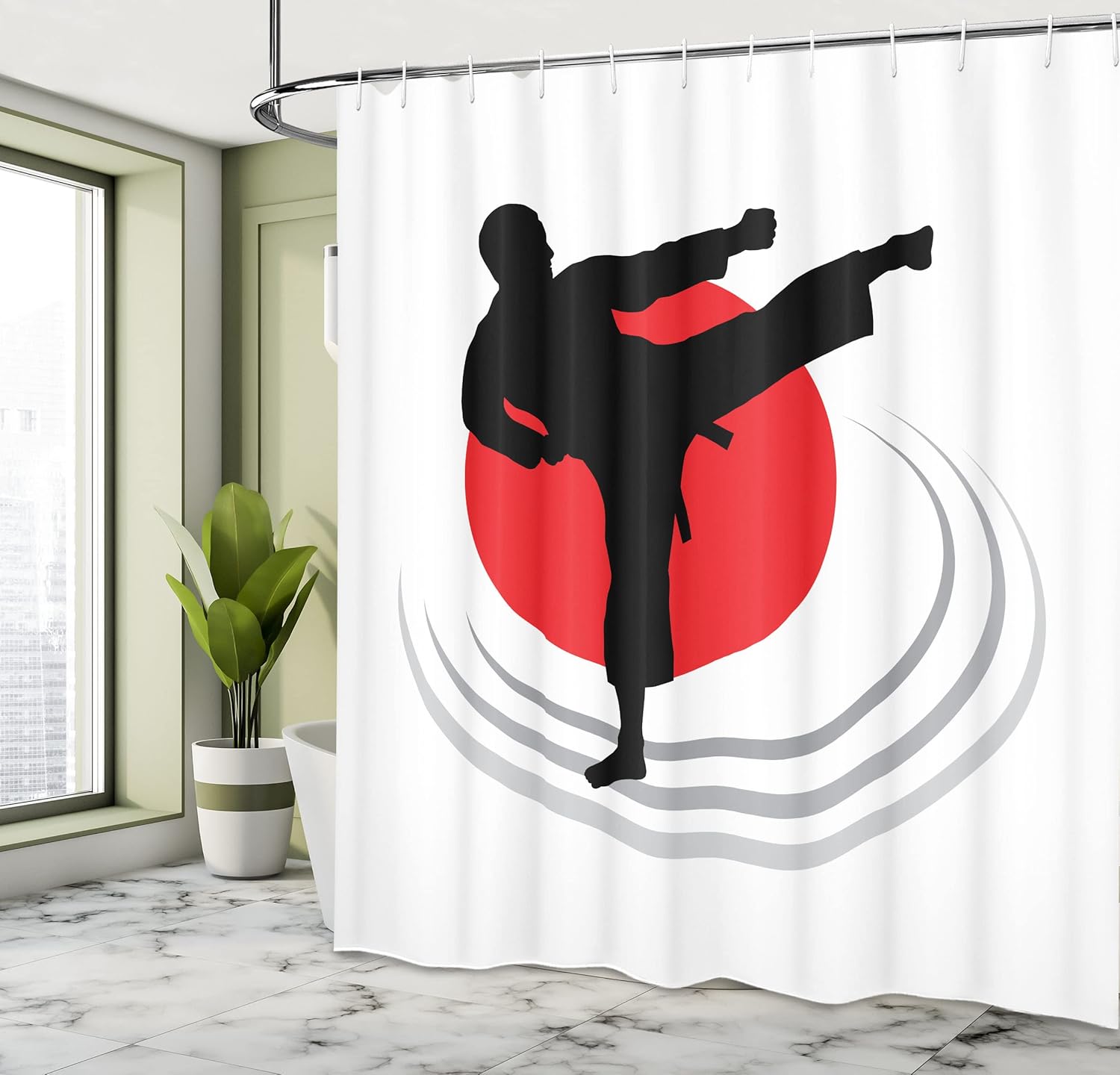 Ambesonne Kung Fu Shower Curtain, Karate Kicking Man Silhouette on Japanese Flag Inspired Backdrop, Cloth Fabric Bathroom Decor Set with Hooks, 69" W x 70" L, Black Vermilion