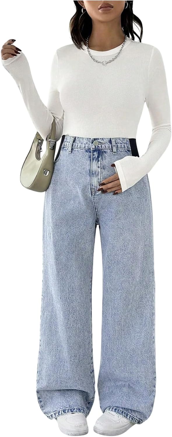 MakeMeChic Women’s Maternity Jeans Loose Wide Leg Over The Belly Straight Pregnancy Jeans Denim Pants