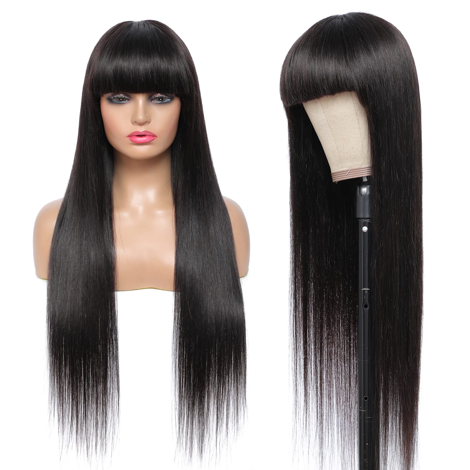 X-Tress 22inches Long Wig for Women Natural Color Straight Hair Unprocessed Human Hair Free Part 150% Density Wig for Women Human Hair Wig with Bangs(22")
