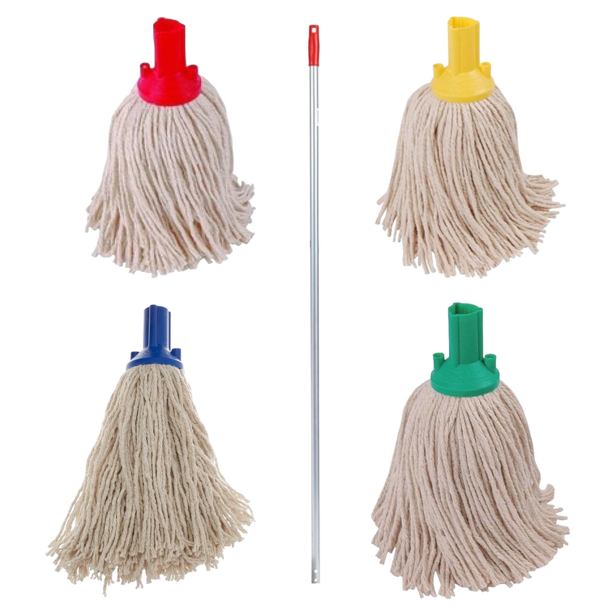 Aardvark Janitorial Supplies Exel Cotton Mop Heads, One of Each Colour, Red, Blue, Green, Yellow and One Mop Handle