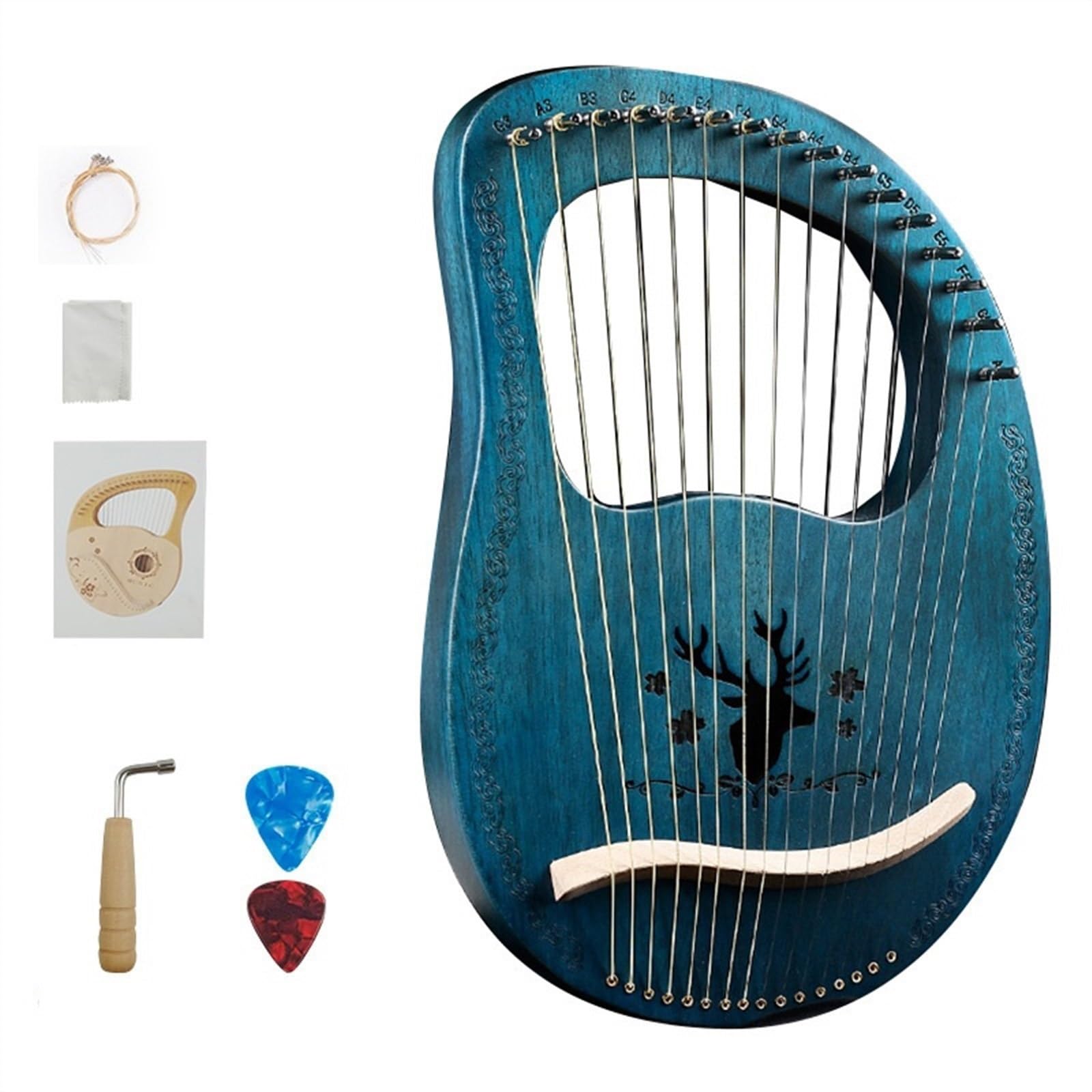 Arpa de Lira de Madera maciza, instrumento de Arpa de 7 cuerdas fácil de aprender para Niños, Arpa de regazo Multicolor de 16 cuerdas (Color: 16 notas, Azul Alce)