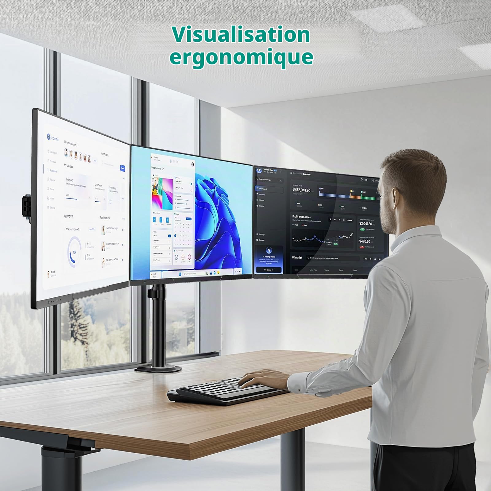 WALI Support Triple Moniteur, Support Robuste pour écrans de 13 à 27", Support de Bureau réglable pour 3 moniteurs avec Pivot, Inclinaison, Rotation, Pince et œillet (M003SN), Noir