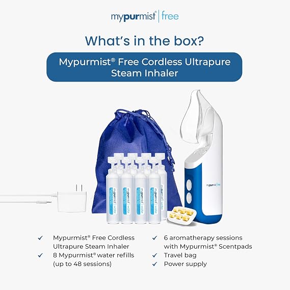 Mypurmist Free Ultrapure Cordless Steam Inhaler - Handheld Personal & Battery-Powered Steamer, Vaporizer & Humidifier for Sinus Relief, Nasal Congestion, Cold & Cough, Vocal Care