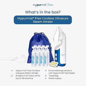 Mypurmist Free Ultrapure Cordless Steam Inhaler - Handheld Personal & Battery-Powered Steamer, Vaporizer & Humidifier for Sinus Relief, Nasal Congestion, Cold & Cough, Vocal Care