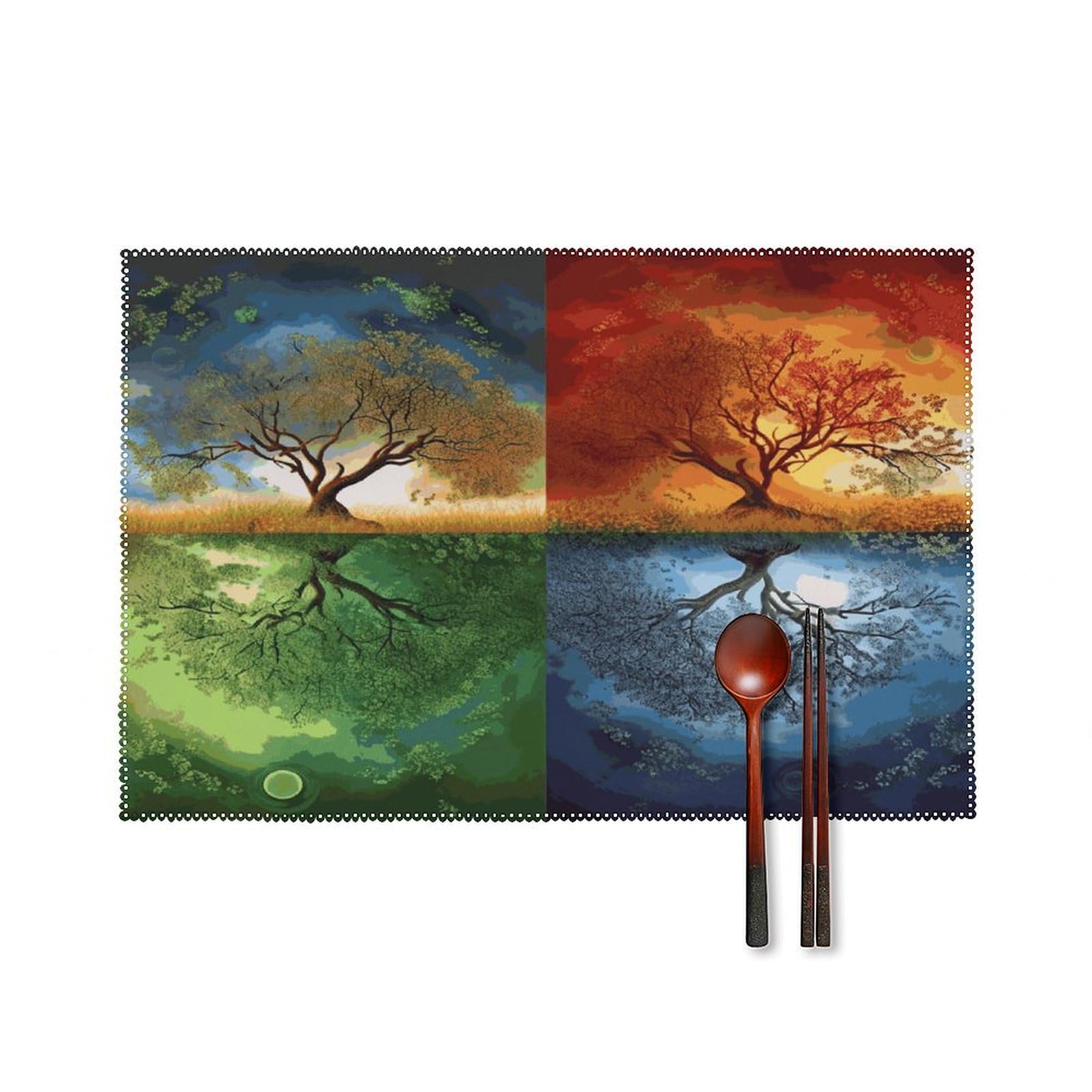 Four Season Tree of Life Placemats Set of 6 Heat Resistant Woven Placemat Washable Table Mats Non-Slip Place Mats Farmhouse Cloth Placemat for Party Kitchen Dining Decoration Easy to Clean 12x18 Inch