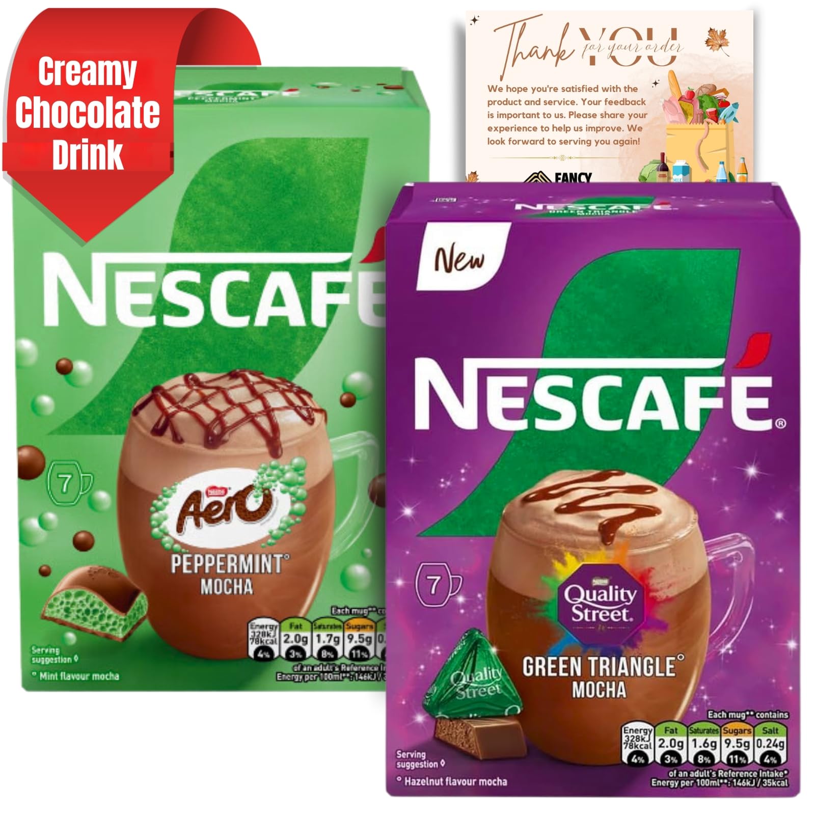 Instant Coffee Sachets with Nescafe Green Triangle Mocha and Peppermint Mocha 7x 19g Bundle with Fancy Labels Christmas Card | On the Go Instant Coffee Sachets Perfect for Cold Weather and Sharing