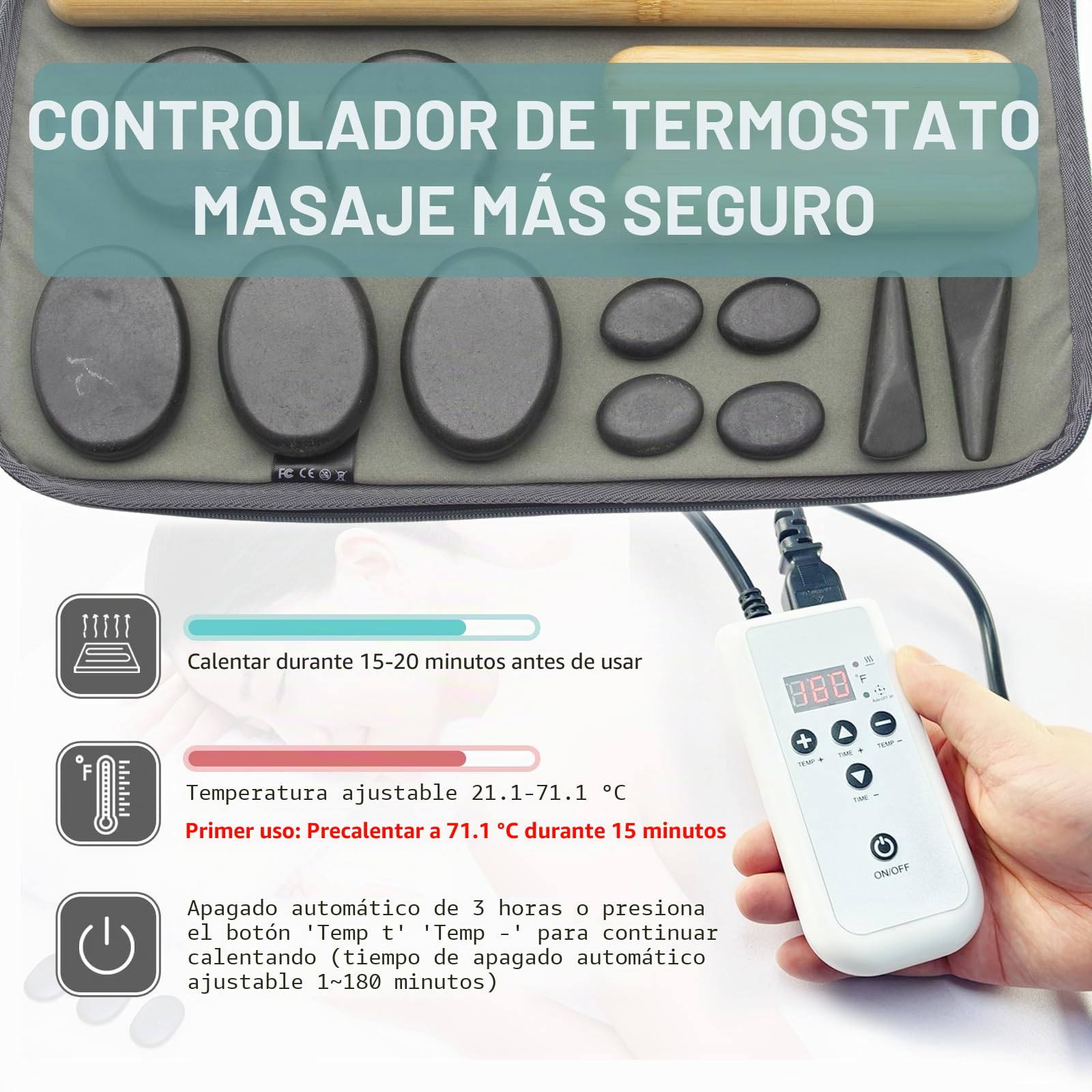 Juego De Piedras De Masaje Con Kit Calentador Hot Rocks Bambú Para Masaje Piedras Calientes Kit Calentador De Masaje Con Control De Temperatura Y Bolsa De Transporte Para Uso Domésti