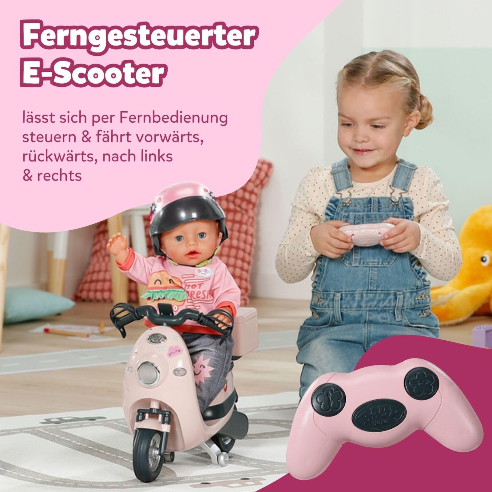 BABY Born E-Scooter - Ferngesteuerter Roller inkl. Zubehör - Funktioniert mit Batterien - Geeignet für alle 43cm Puppen