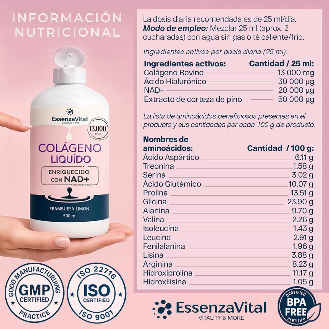 Colágeno Hidrolizado Líquido 13.000mg con NAD+ y Ácido Hialurónico para Mujeres - Bebible 13g por Dosis - Piel, Cabello y Uñas - Sabor Frambuesa-Limón - EssenzaVital Suplemento de Belleza 500ml (1Mes)