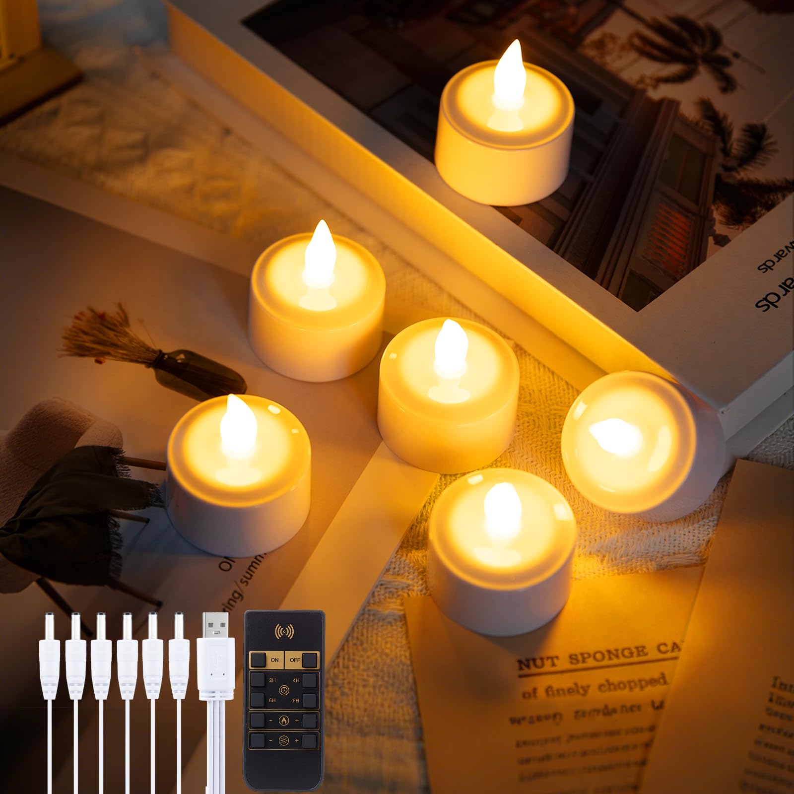 EXTSUD Rechargeable LED Tea Lights | 6 Pack Electric LED Candles with Remote & Timer | USB Charging Flameless Tealight with 5 Brightness Levels for Wedding Halloween Christmas Festival Table Decor