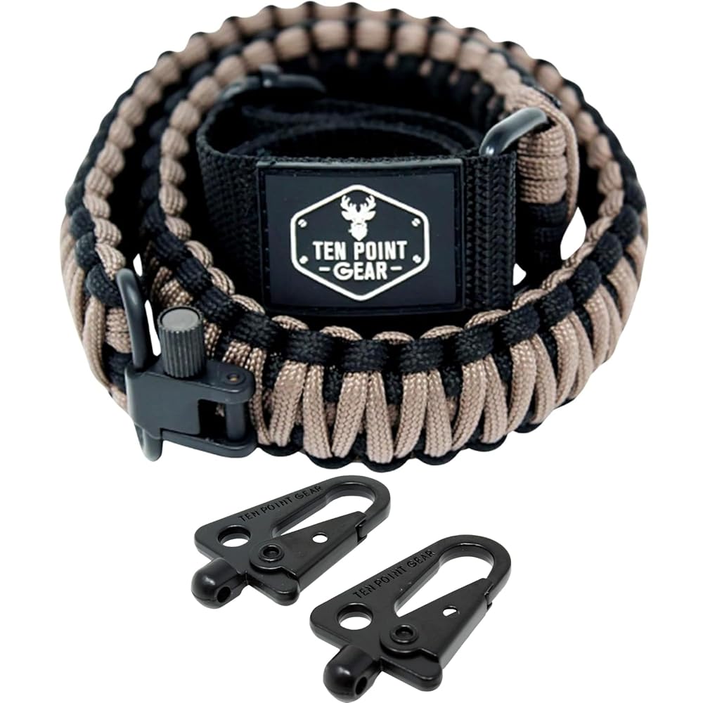 Ten Point Gear - 2 Point Gun Sling 550 Rated Outdoor Paracord with Adjustable Swivels and Clips for Rifle, Shotgun, and Crossbow Perfect for Hunting, Shooting, Gun Safety - Black & Coyote Brown