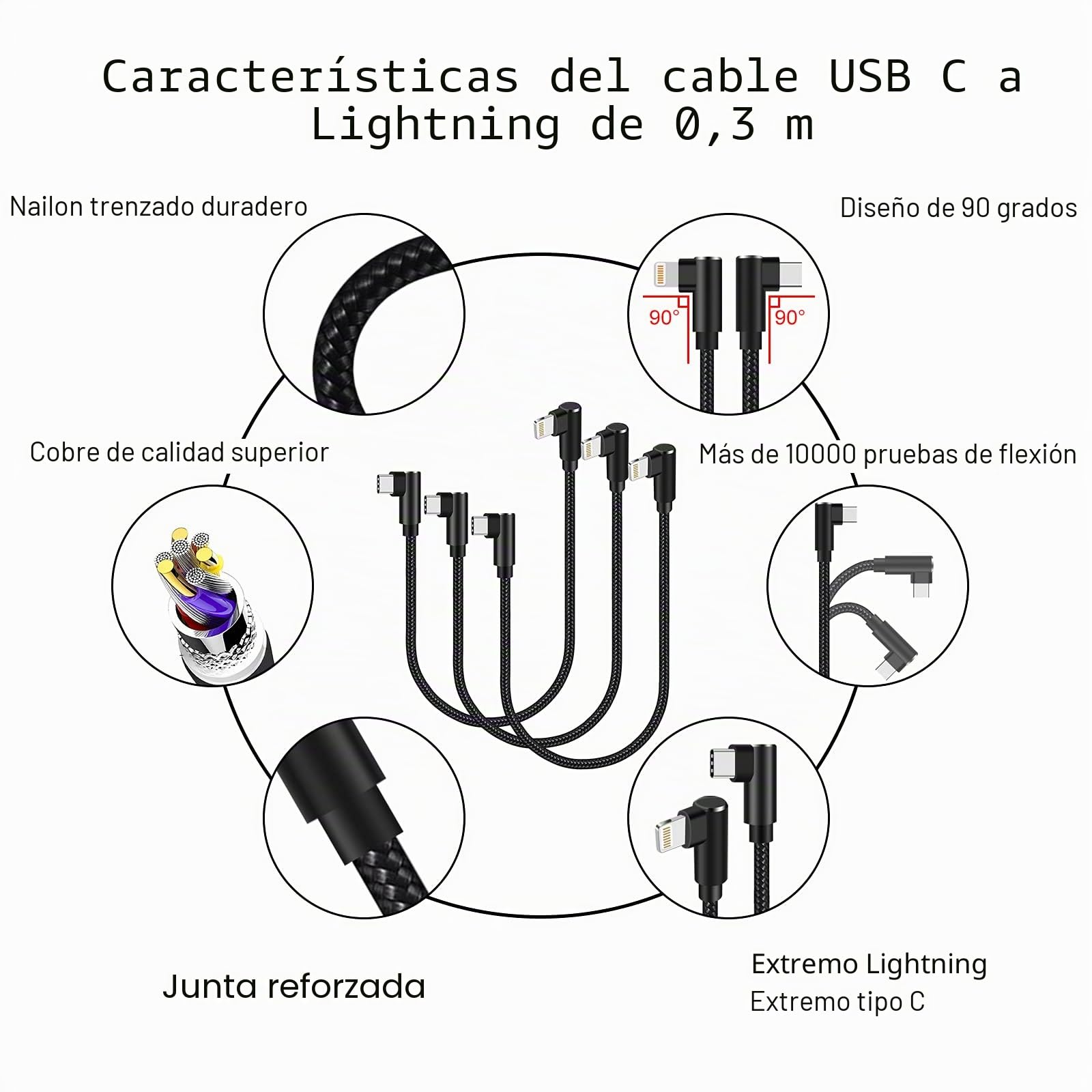 Cable USB C a Lightning de 1 pie, paquete de 3 unidades, cargador de iPhone en ángulo recto certificado MFi, codo de 90 grados, cable Lightning a USB C para iPhone 14 13 12 11 Pro X XS XR 8