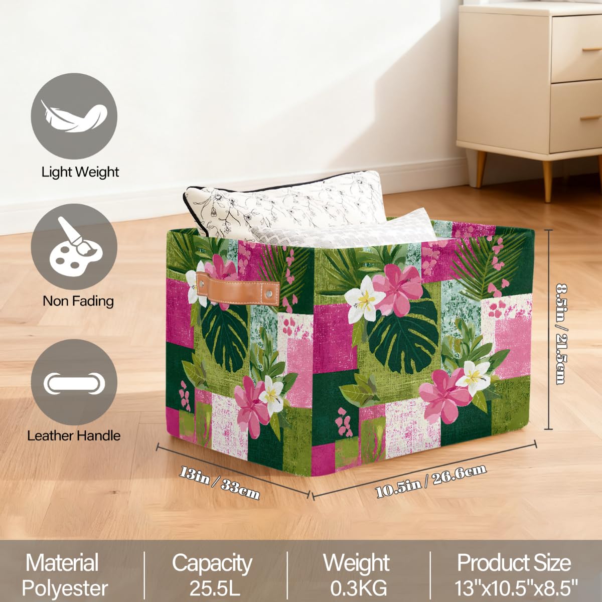 Rechteckiger Aufbewahrungskorb mit tropischen Hibiskus- und Plumeria-Blättern, mit Ledergriffen, faltbarer Stoff-Aufbewahrungskorb für Schrank, Badezimmer, Wohnzimmer, Büro, Spielzeug, Organizer