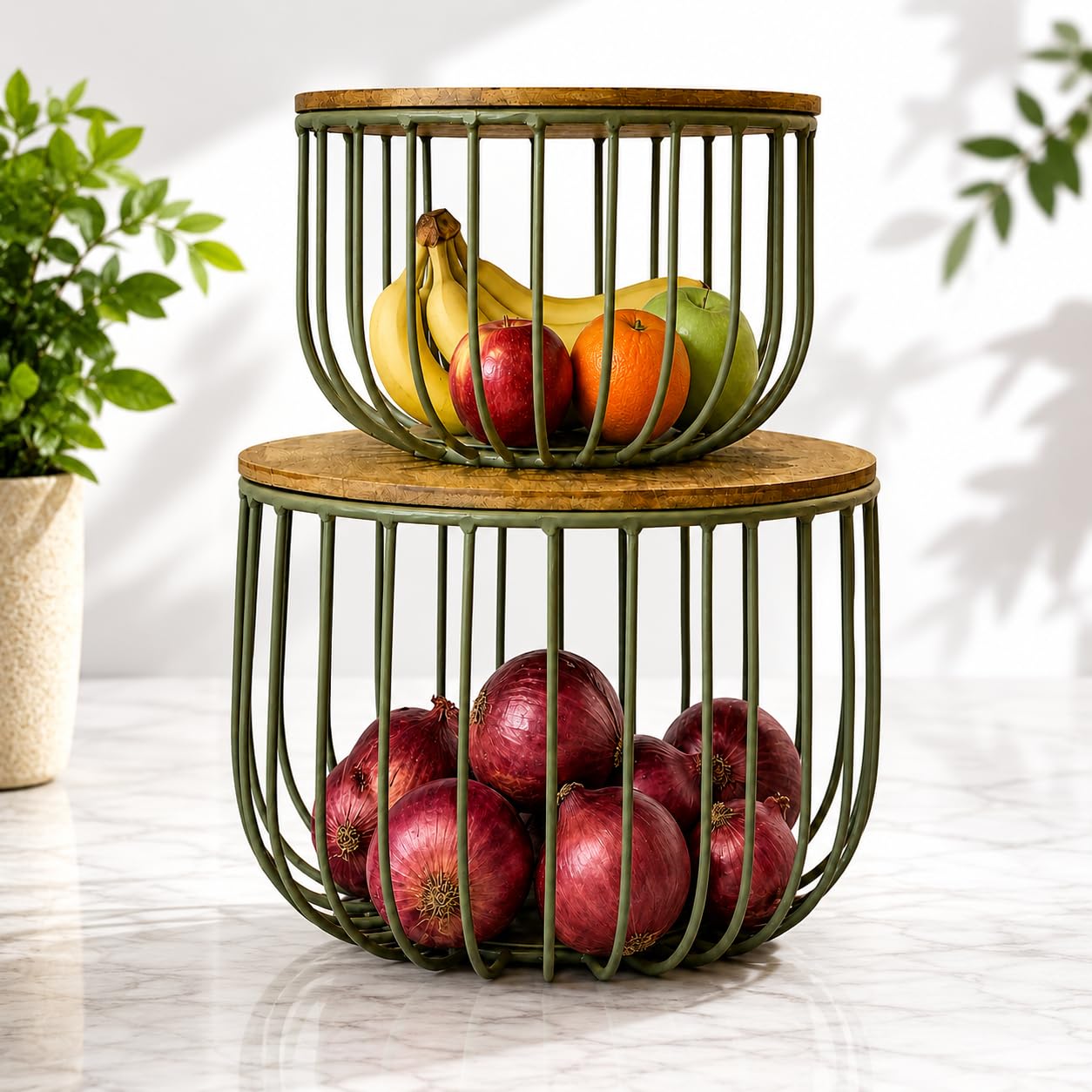 BAUZINI Set of 2 Round Metal Wire Storage Baskets with Wooden Lid Rust-Resistant Fruit & Vegetable Basket Kitchen Pantry Organizer for Onion, Potato, Fruits, Snacks & Household Storage Green Finish-image-10