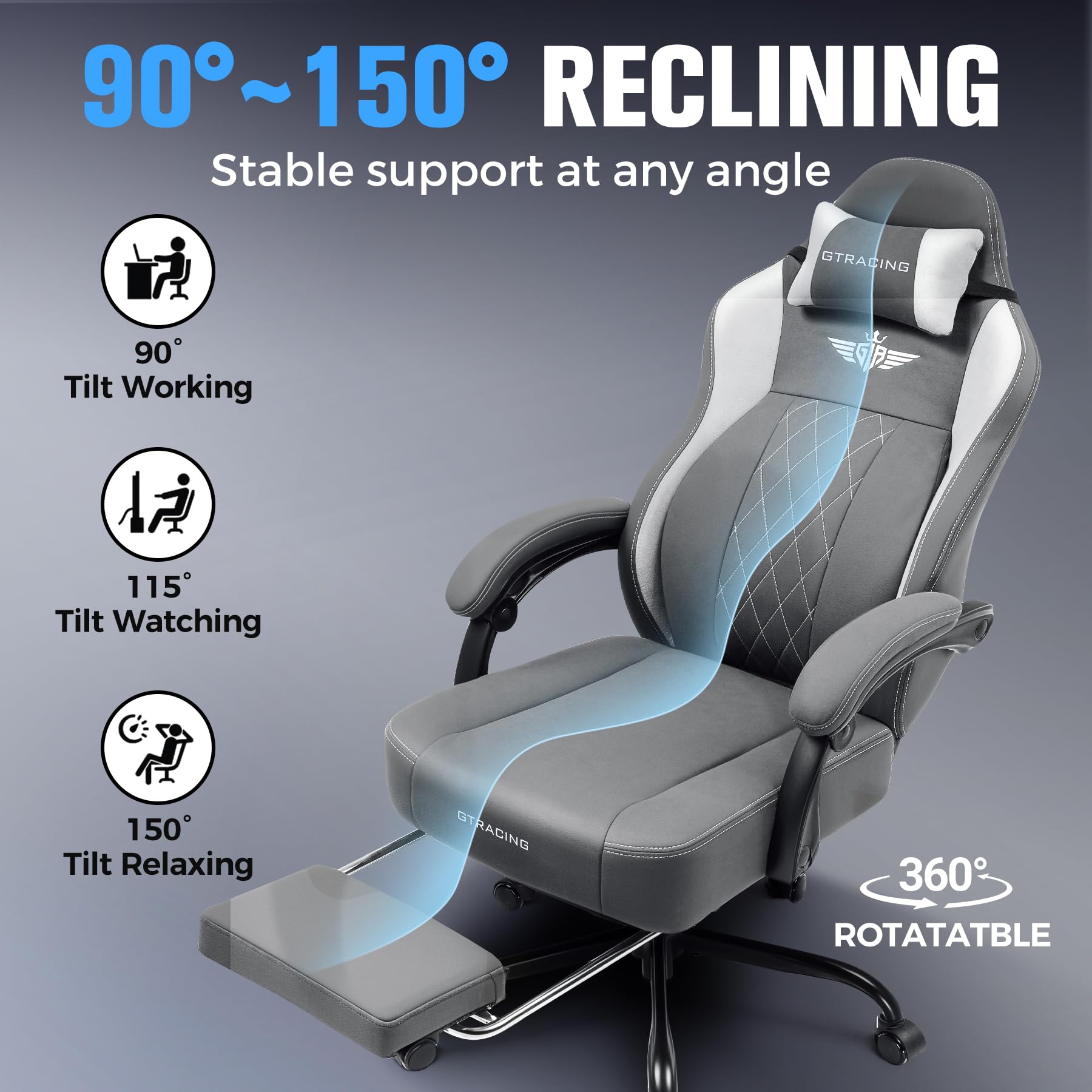 GTPLAYER Big and Tall Gaming Chair Breathable Fabric Computer Chair with Strong Lumbar Support, Comfortable Office Chairs with Pocket Spring Cushion, High Back Ergonomic Desk Chairs with Footrest