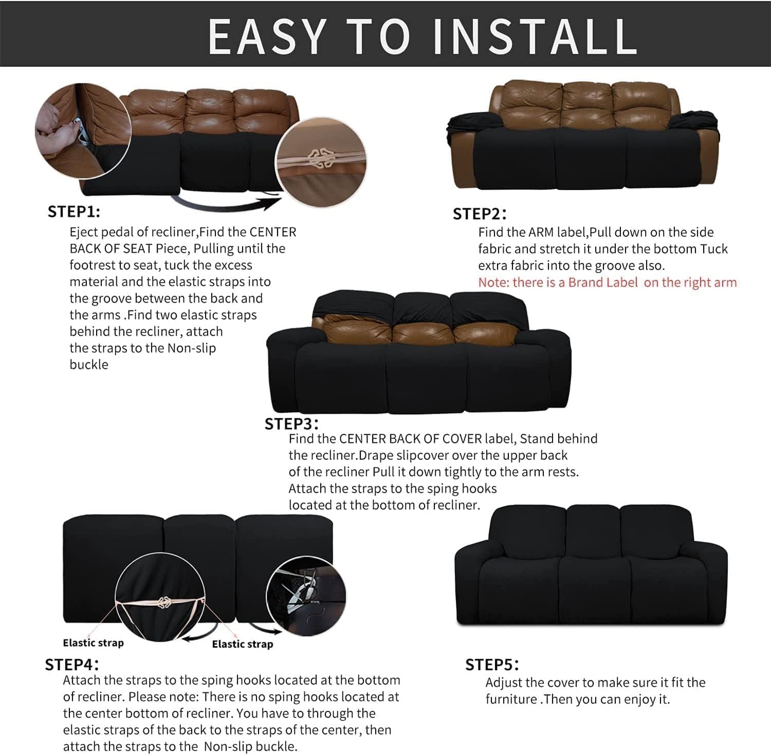 Waterproof Recliner Sofa Cover PU Leather Recliner Sofa Slipcovers Stretch Reclining Couch Cover Furniture Protector with Side Pocket for Living Room (Color : Black, Size : 3 Seater 8-Piece)