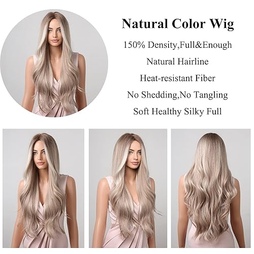 Miniatura 2 de INSGOGO Pelucas rubias largas para mujeres blancas, densidad 150, resistente al calor, peluca sintética natural ondulada de 27 pulgadas, peluca de