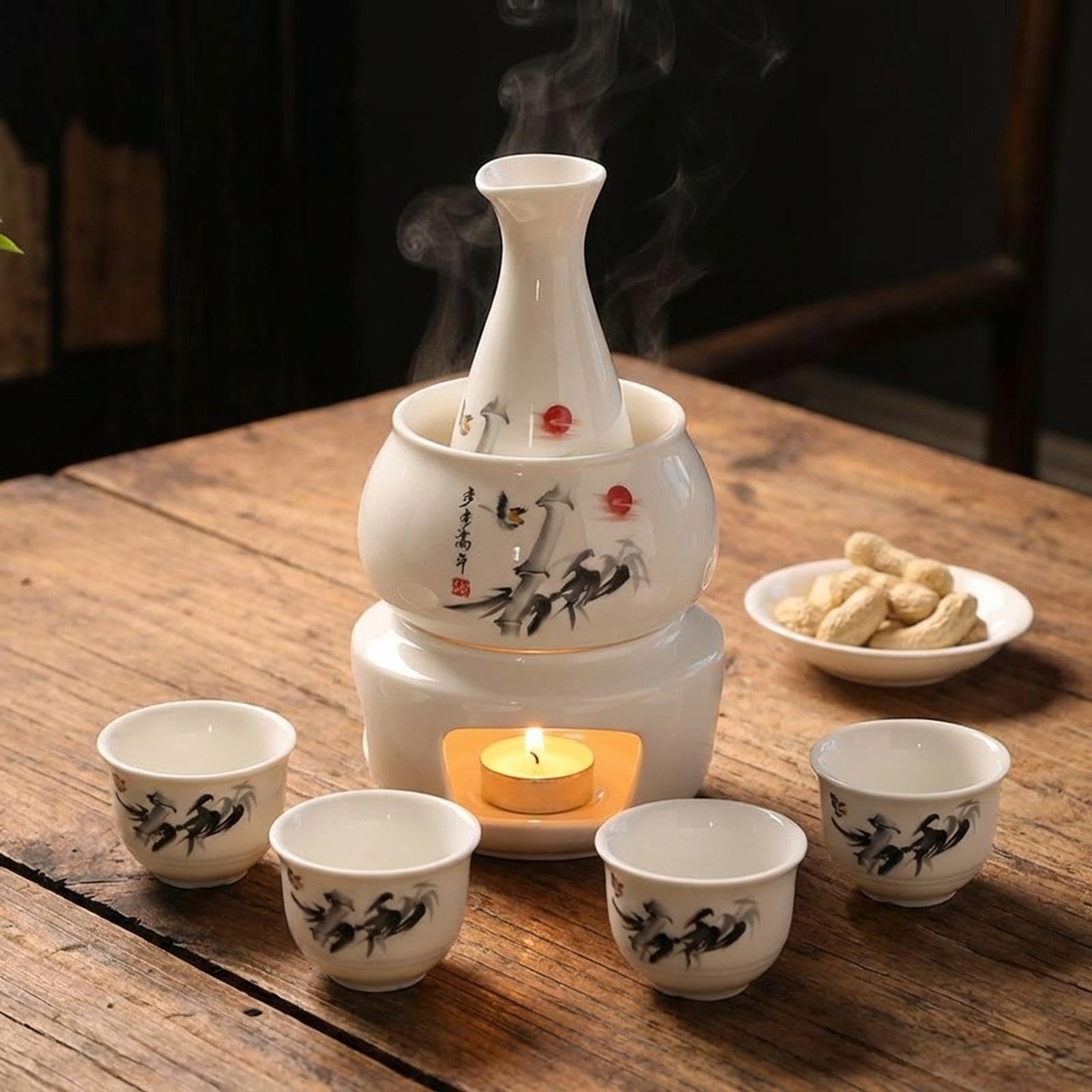7 Teiliges Japanisches Sake Set mit Bechern Und Flasche Zum Erwärmen Und Servieren von Getränken, Traditioneller Stil, Ideal für.., A