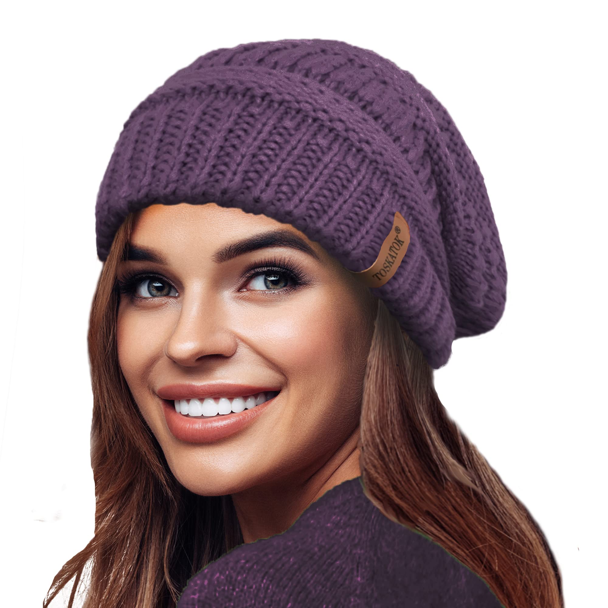 Toskatok Women's Purple Warm Slouch Knit Winter Beanie Hat With Supersoft Velour Thermal Lining Ski Cap