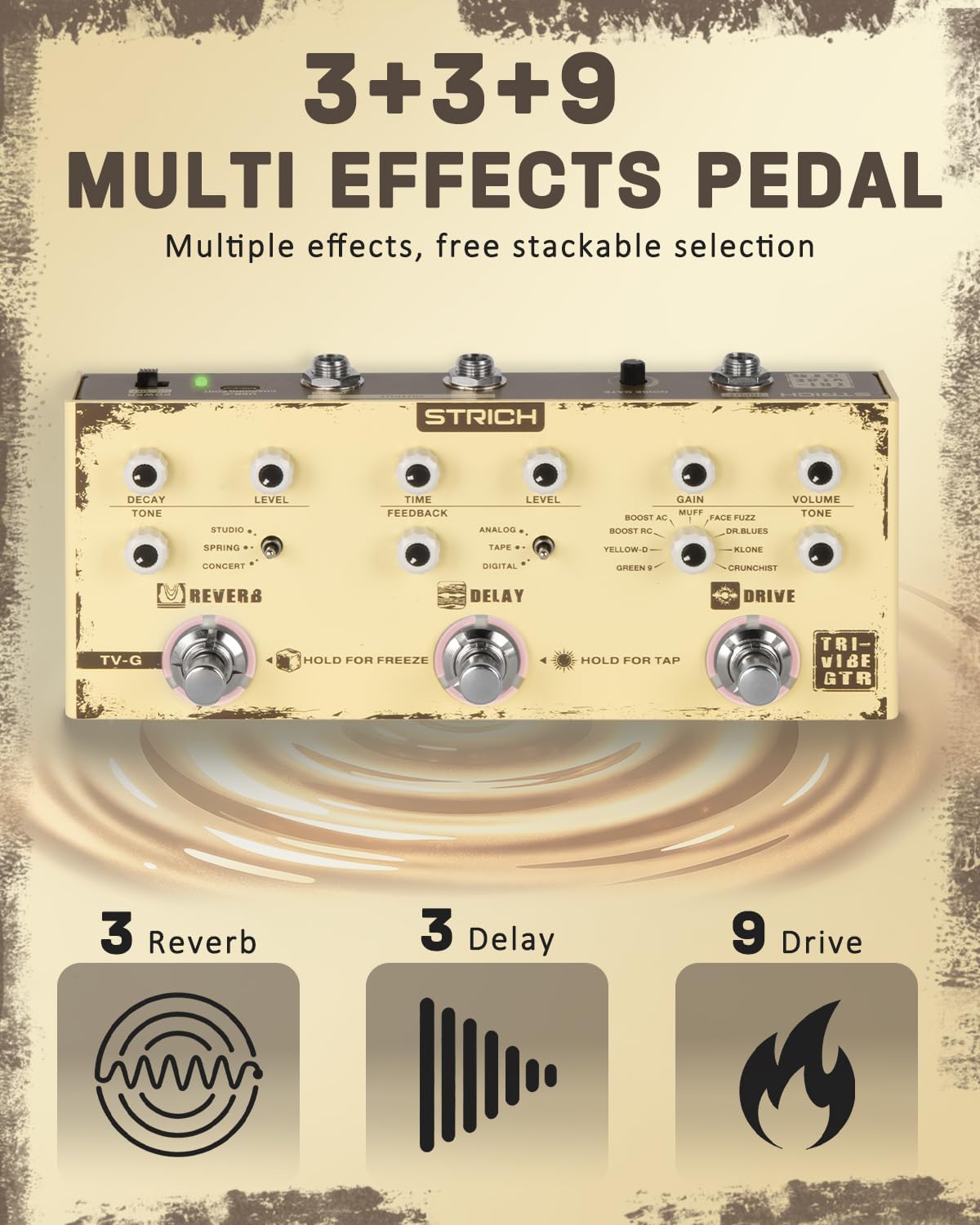 STRICH TV-G Triple Vibe 3-in-1 Multi Effects Guitar Pedal overview