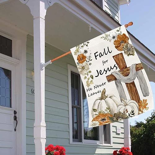 Miniatura 5 de Bandera de jardín con texto en inglés "Fall for Jesus He Never Leeds", banderas de cruz de otoño de 28 x 40 pulgadas, doble cara, bandera de