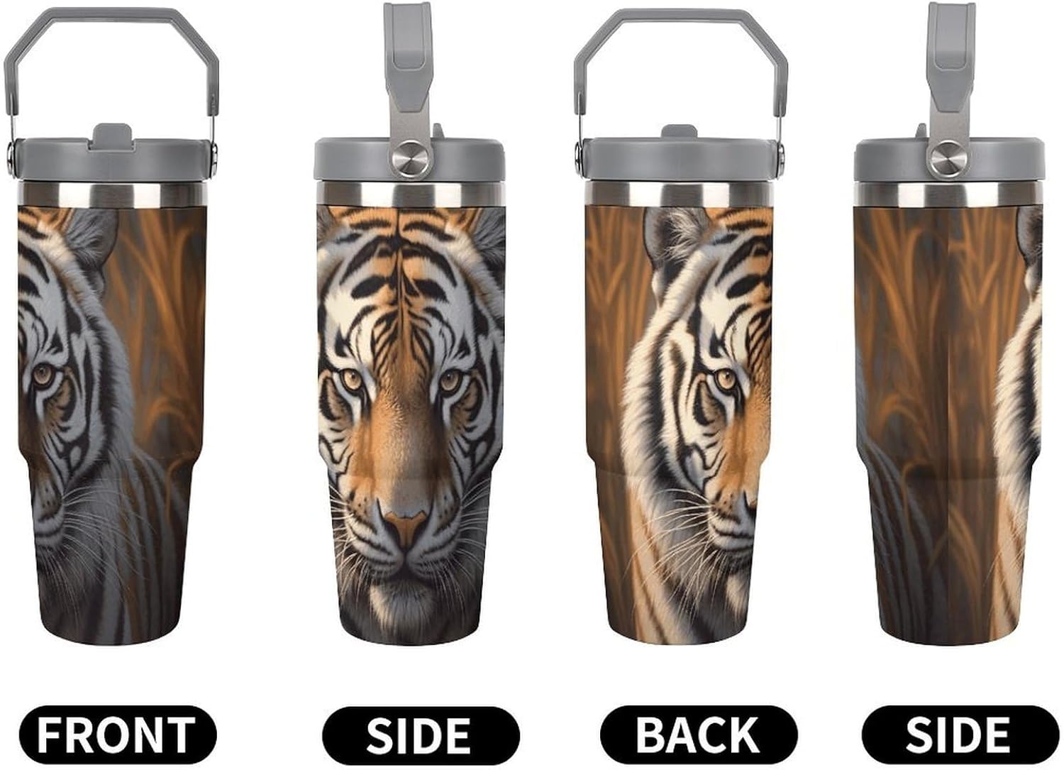 30oz Insulated Tumblers with Top Handle, Stainless Steel Tiger Car Cup with Straw for Gift, Leak-Proof Double Wall Vacuum Travel Mug, Personalized Water Bottles White