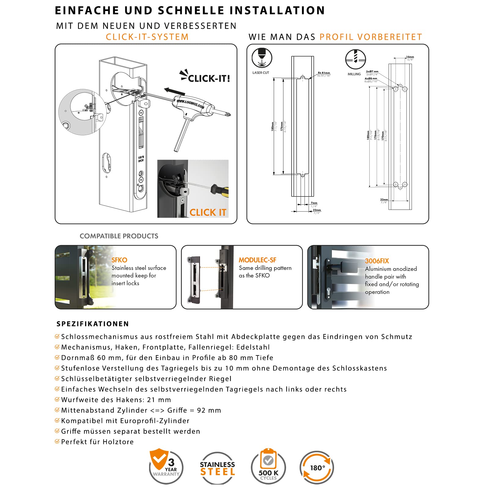 LOCINOX EIGHTYLOCK-M Premium Einsteckschloss für 80 mm Metall-Profile | Dornmaß 60mm | Edelstahl
