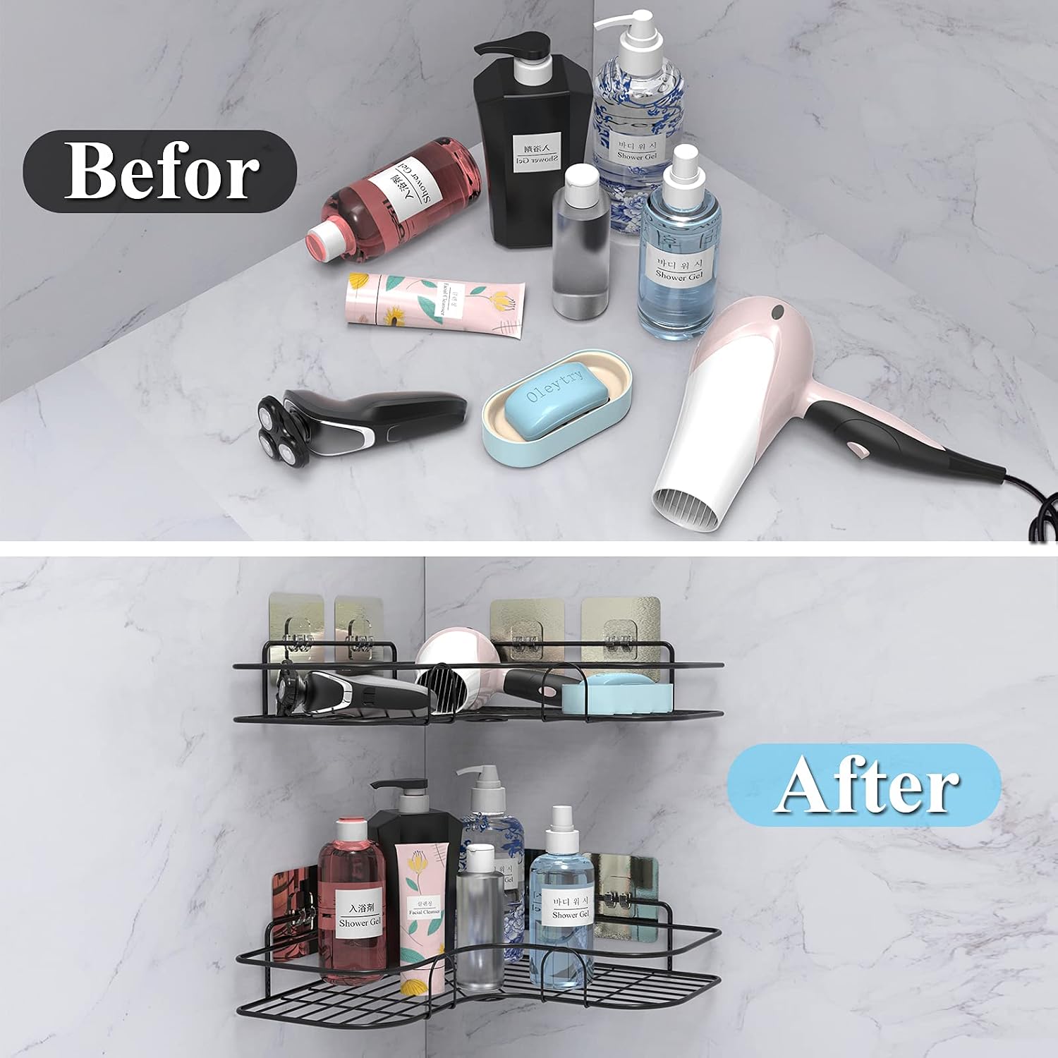 geekboy 2-Pack Corner Shower Caddy, Adhesive Bathroom Storage Shelves Corner Shelf, Rust Proof Bathtub Accessories Organizer, Wall Mounted Shelves Holder for Bathroom, Kitchen (Black)