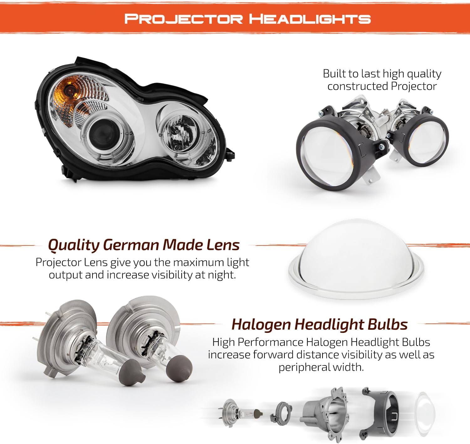 AKKON - For 2001-2007 Benz W203 C-Class 4Doors Sedan Wagon Chrome Clear LED [Dual Projector] Projector Headlights LH+RH