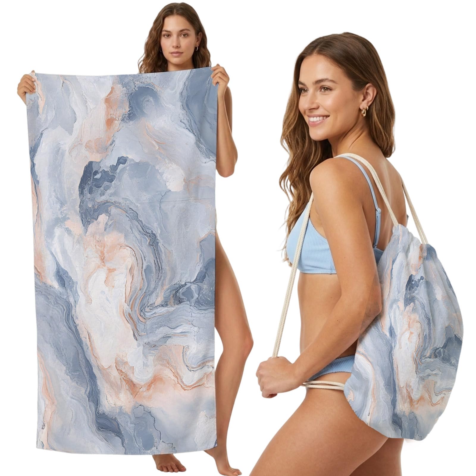FWJZDSP Beach Towel Backpack Convertible Abstract Gray Pink Marble Texture Sand Free Quick Dry Towel Bag Modern Beach Towel with Adjustable Straps for Travel Swimming Pool Beach Accessories 31.5x63in