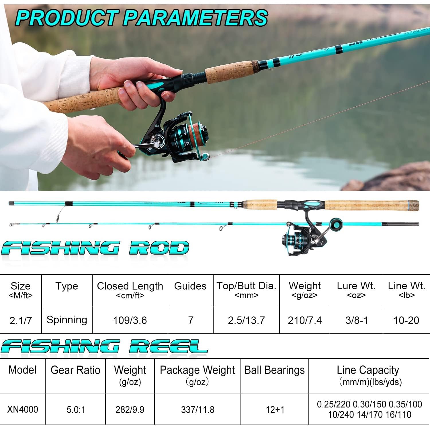 Sougayilang Combo de 7 cañas de Pescar y Carrete, 2 cañas de Pescar, Carrete tamaño 4000, posición de Mango Derecho/Izquierdo, Adecuado para Pesca en la Costa
