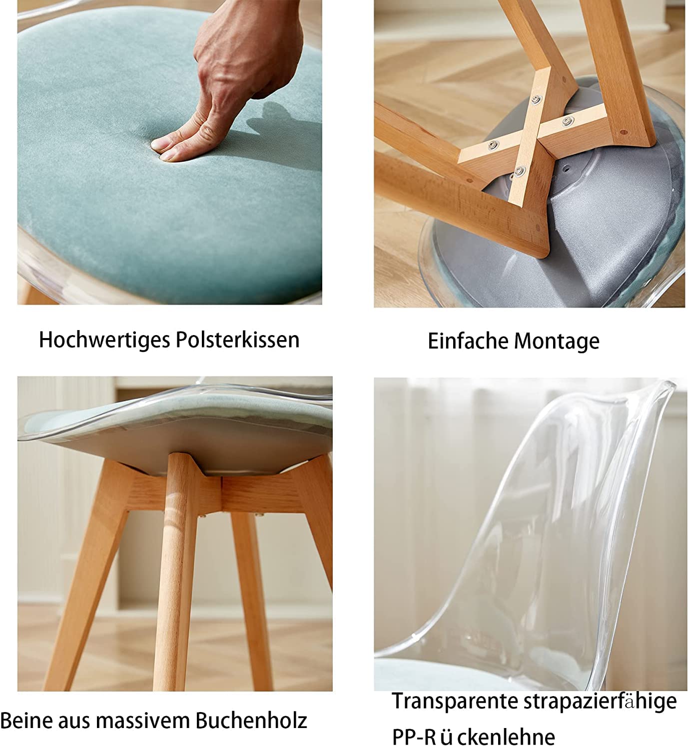 Juego de 4 Sillas de Comedor Transparentes Modernas, Sillas de Comedor Tapizadas Extraíbles, Sillas de Cocina de Diseño Escandinavo (Terciopelo-Verde)