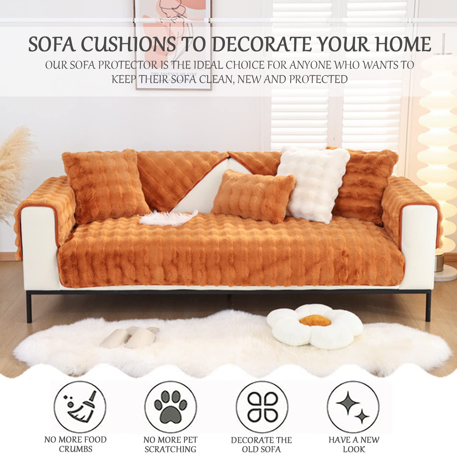 OKYUK Federa Per Divano In Peluche Coniglio – Antiscivolo, Super Morbida, 90x210 Cm, Crema